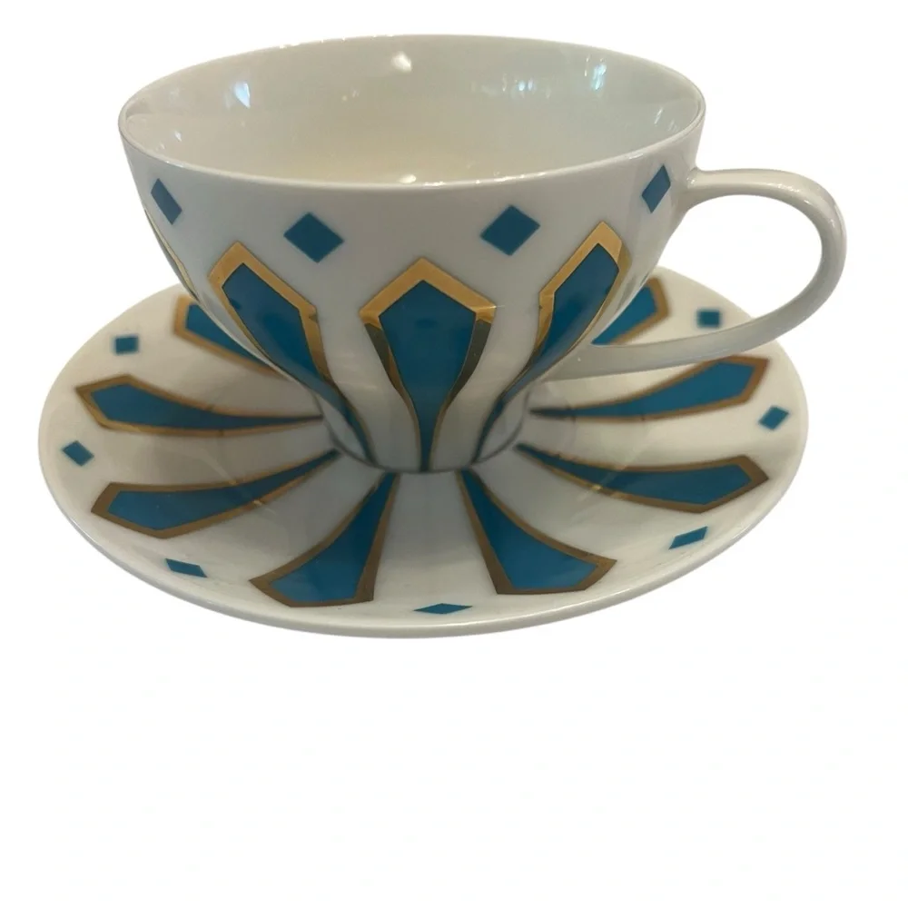 Meritage China Striped Aqua Blue and Gold Teacup and Saucer Set Tea Cup